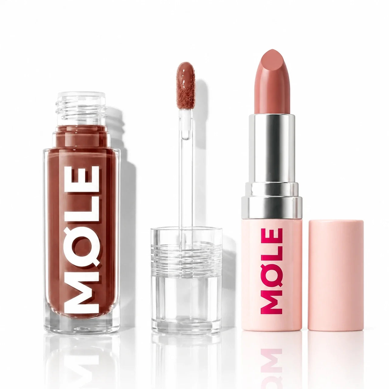 MQLE Gloss & Satin 2'li Ruj ve Dudak Parlatıcısı Seti – MOKA Hypergloss ve NUDELINE Soft Satin ikili seti