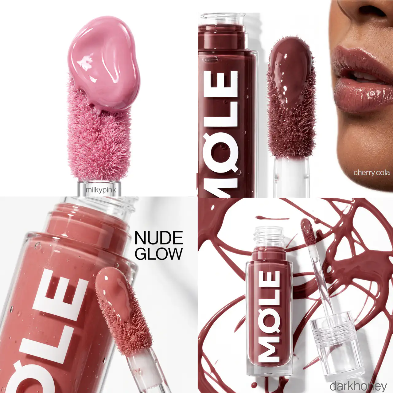 MQLE Gloss Drop 4'lü Hypergloss Seti – Cherrycola, Darkhoney, Milkypink ve Nudeglow Hypergloss dudak görünümleri