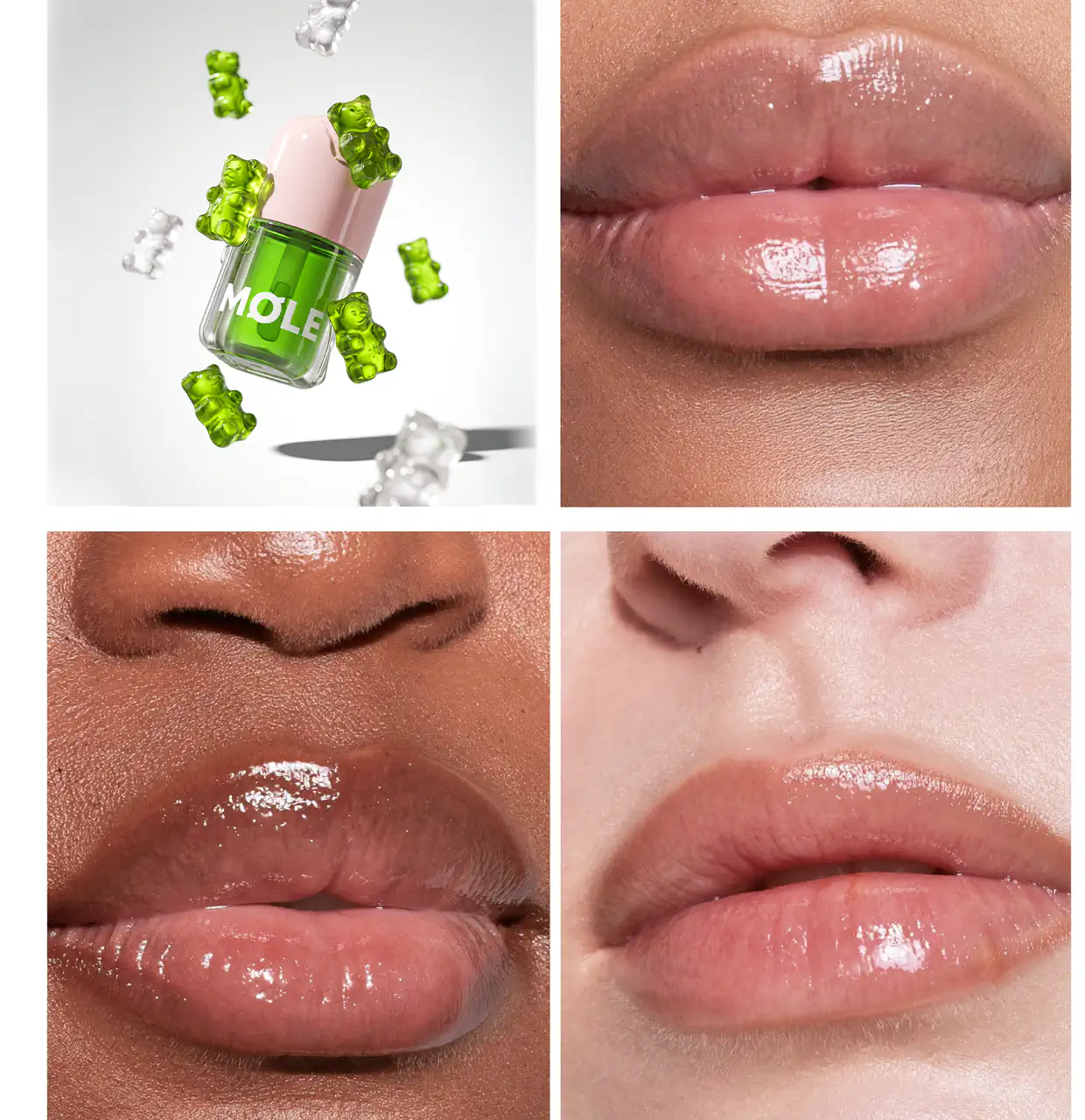 MQLE Flavor Vault 6'lı Aromalı Lip Oil Seti – Lip Oil serisi ve parlak dudak uygulama görünümleri