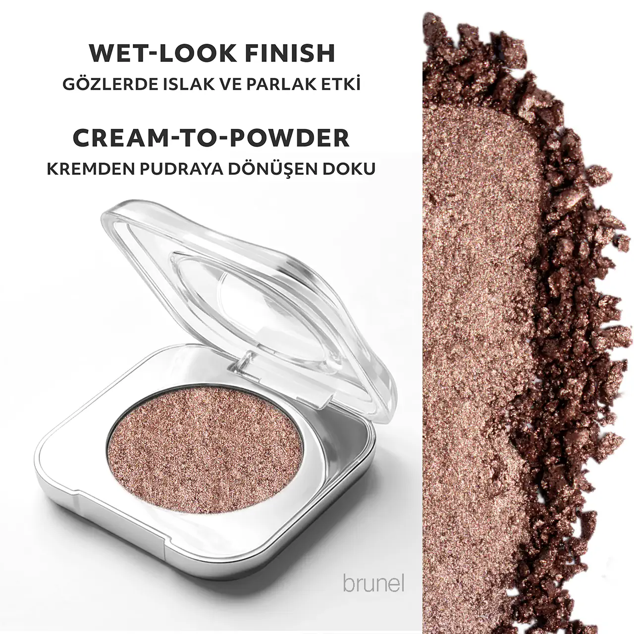 MQLE Nude Dimension 3 Adım Makyaj Seti – Brunel Pure Pigment ürünü ve ışıltı doku görseli