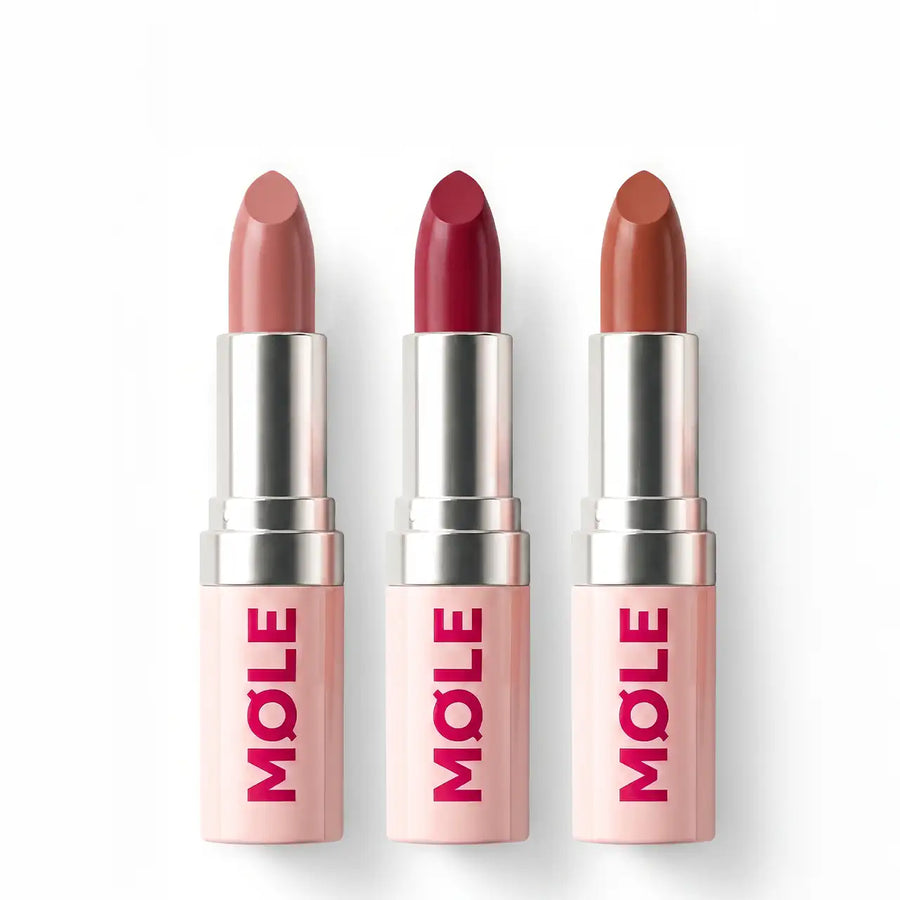 MQLE Satin Wardrobe 3'lü Saten Ruj Seti – Nudeline, Raspberry ve Crush Soft Satin ruj üçlüsü
