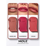 MQLE Satin Wardrobe 3'lü Saten Ruj Seti – Nudeline, Raspberry ve Crush renk sürümleri ile dudak görünümleri