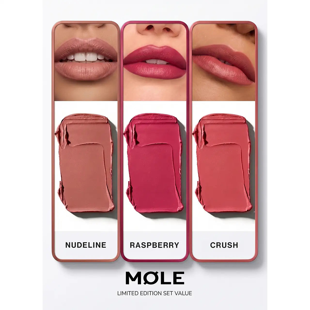 MQLE Satin Wardrobe 3'lü Saten Ruj Seti – Nudeline, Raspberry ve Crush renk sürümleri ile dudak görünümleri