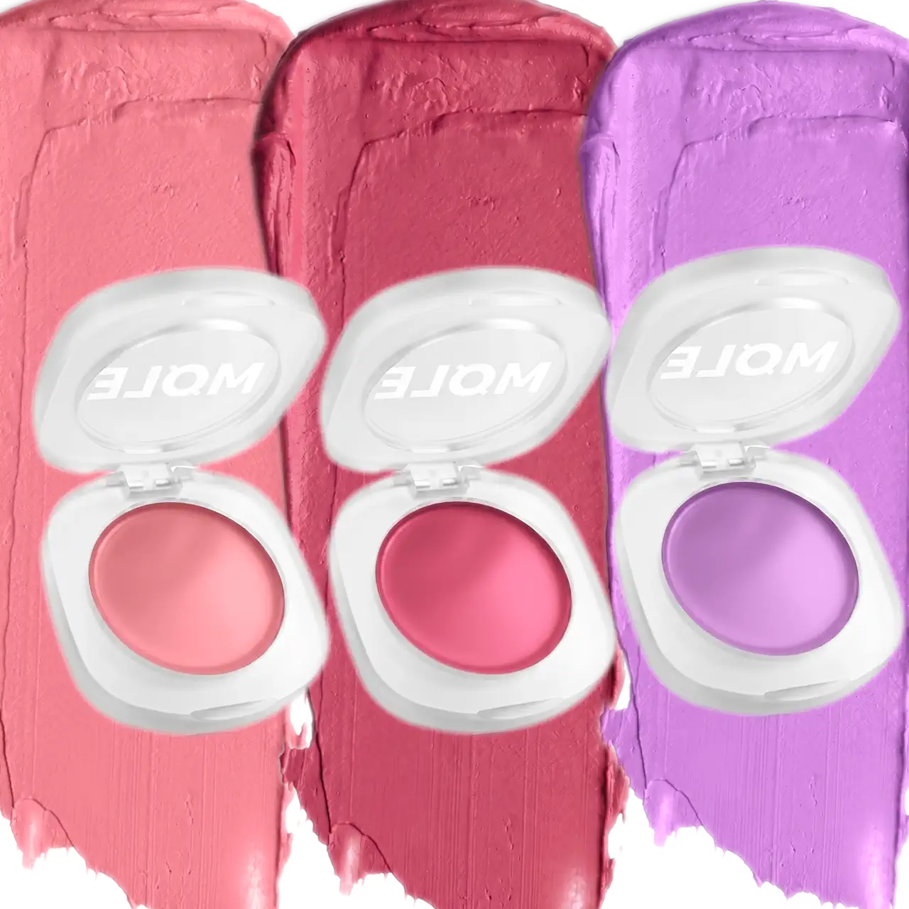MQLE Velvet Blush 3'lü Krem Allık Seti – Lila, Berry, Blushie Velvet Blush tonlarının yanak görünümleri